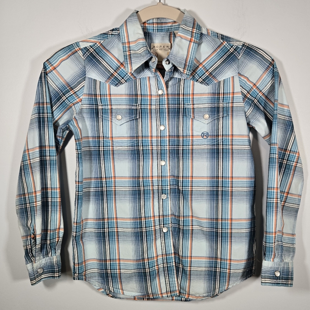 Roper‎ Boys Pearl Snap Western Shirt Long Sleeve Plaid Button Down Size M (7-8)